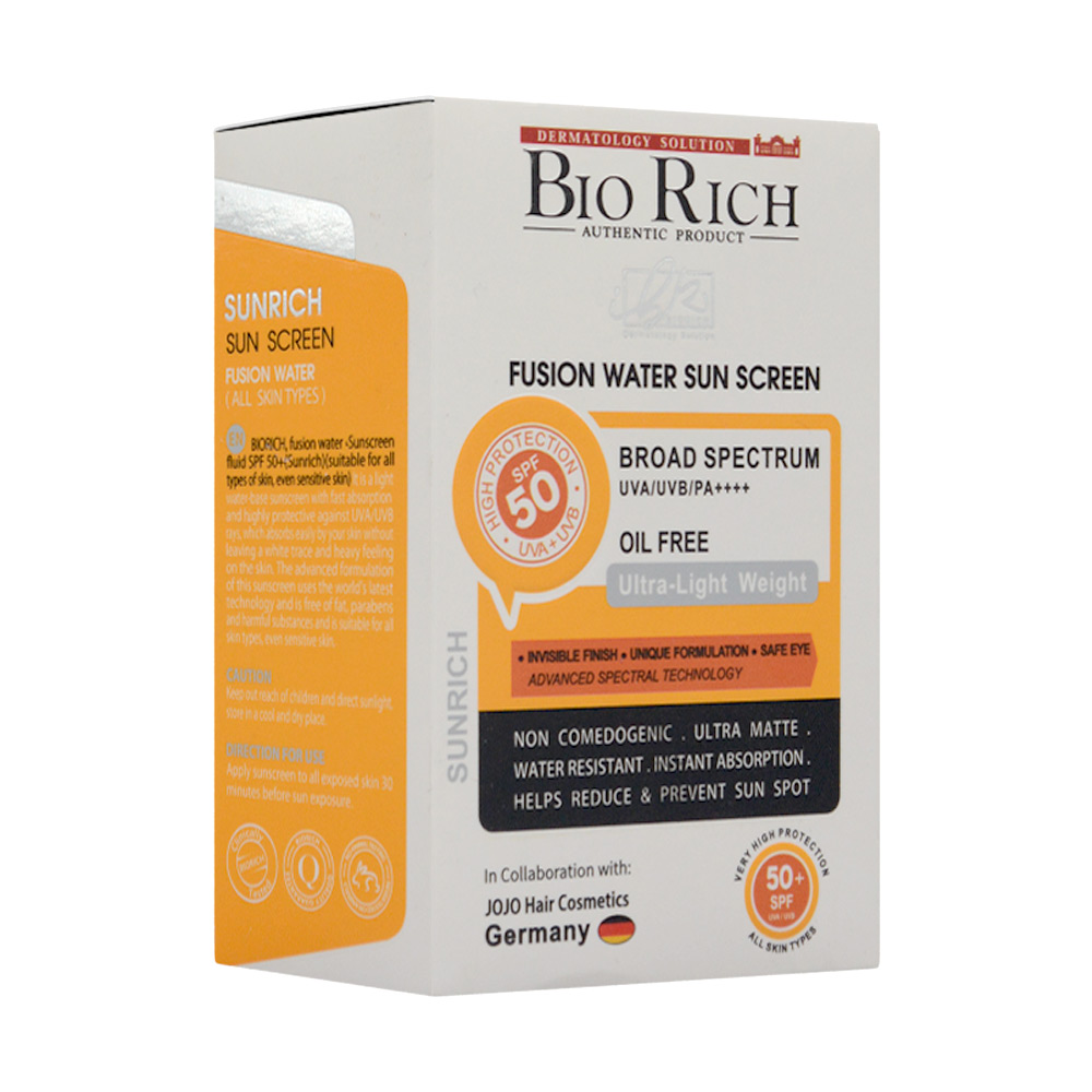 تصویر فلوئید ضد آفتاب بی رنگ spf50 فیوژن واتر فاقد چربی بایوریچ 50 میل