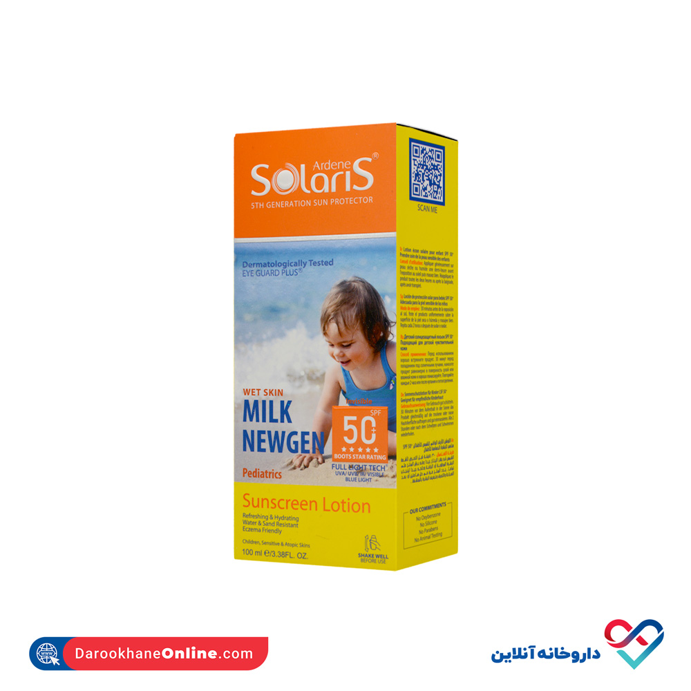 milk-newgen-children-sunscreen-lotion-spf-50-arden-solaris-1.jpg لوسیون ضد آفتاب کودکان spf 50 سولاریس آردن ۱۰۰میل - Image 1