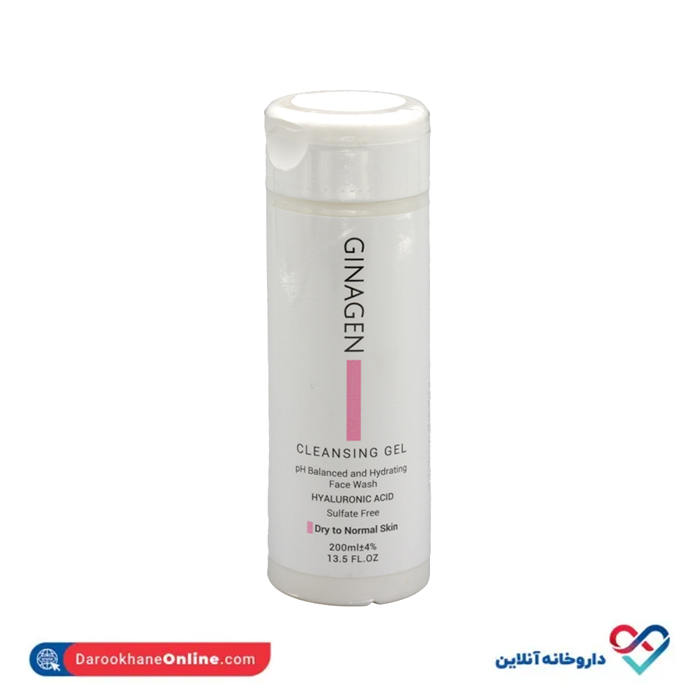 ginagen-cleansing-gel-dry-to-normal-skin-1.jpg ژل شستشوی مخصوص پوست خشک ژیناژن 200 میل - Image 1