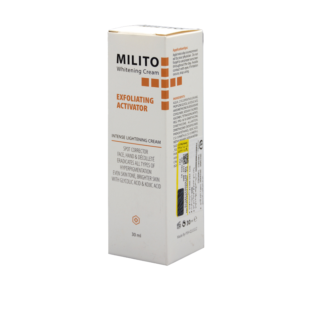 exfoliating-activator-whitening-cream-milito-1.jpg کرم ضد لک و روشن کننده قوی میلیتو ۳۰ میل - Image 1