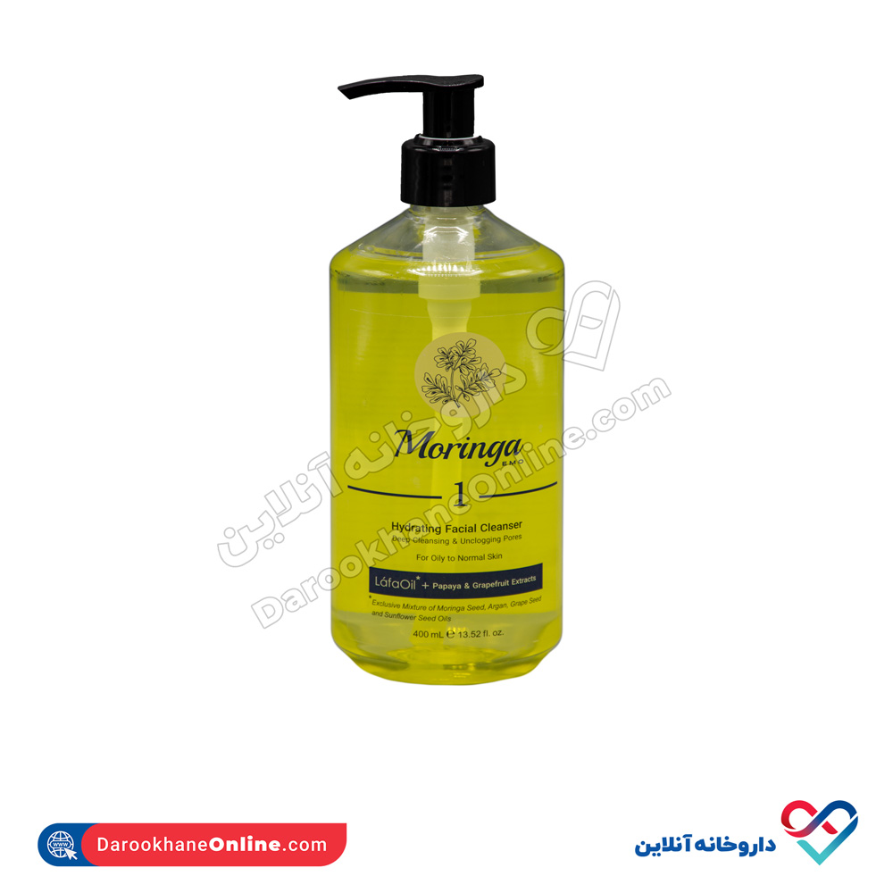 moringa-emo-hydrating-facial-cleanser-for-oyli-skin-1.jpg ژل شستشو و آبرسان پوست نرمال تا چرب مورینگا امو 400 میل - Image 1