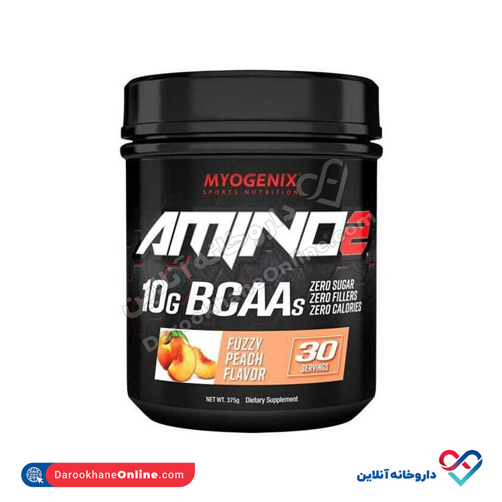 myogenix-amino2-bcaa-375g.jpg پودر آمینو 2 مایوژنیکس با طعم هلو 375 گرم - Image 1