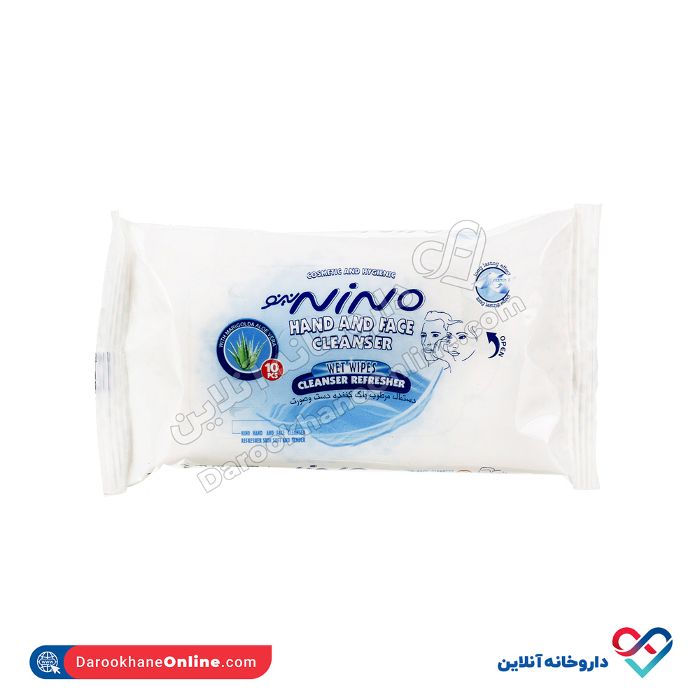 Nino-Hand-And-Face-Cleanser-10-Pcs-1.jpg دستمال مرطوب پاک کننده دست و صورت نینو 10 عددی - Image 1