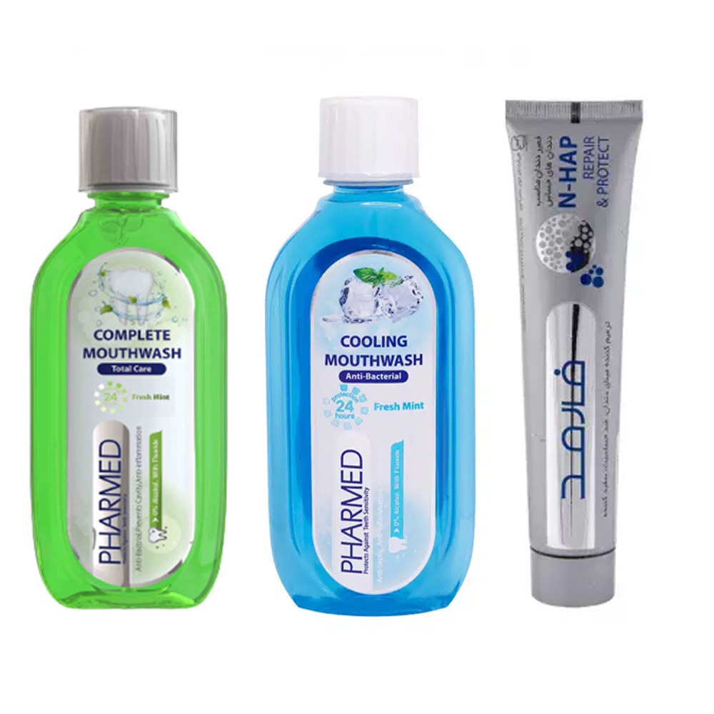 package-of-one-nano-toothpaste-and-two-pharmed-mouthwashes.jpg پکیج بهداشتی سه عددی دهان و دندان فارمد - Image 1